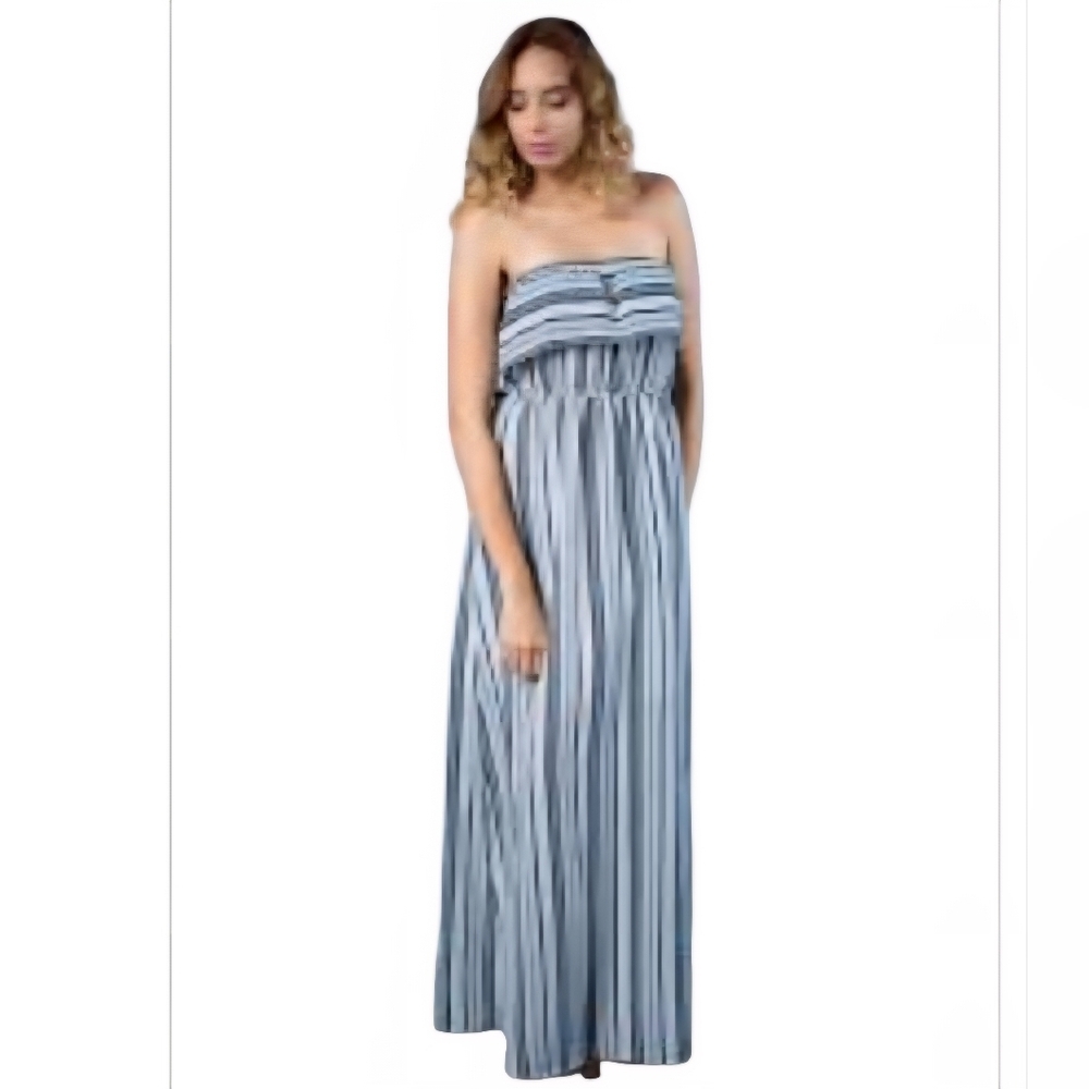 Chic Strapless Blue and White Striped Dress